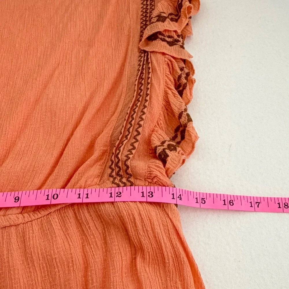 Free People Coral Orange Embroidered Ruffle Gauze Mini Dress Boho Western Sz S
